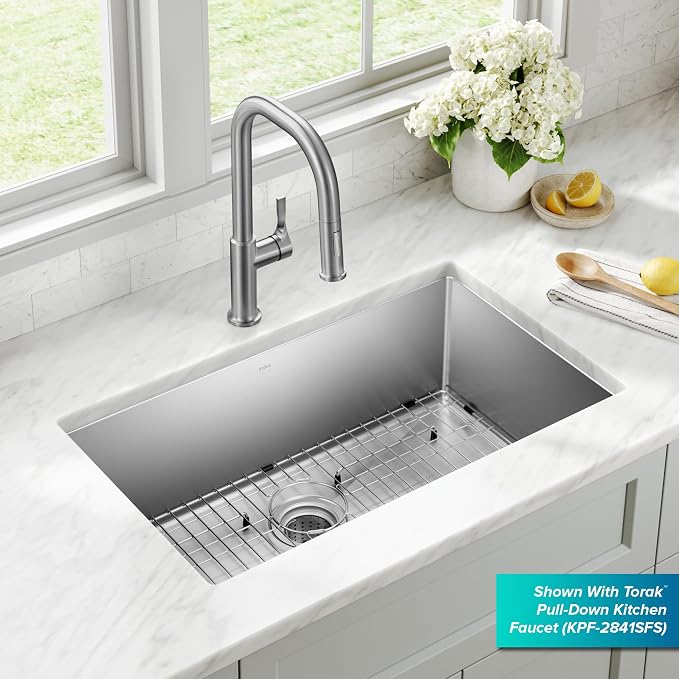 KRAUS Stainless Steel 30 in 16 Gauge Undermount Kitchen Sink KHU100-30 16-gauge TRU16 steel construction, rounded corners for easy cleaning, channel grooves for draining, NoiseDefend pads