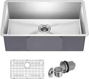 KRAUS Stainless Steel 30 in 16 Gauge Undermount Kitchen Sink KHU100-30 16-gauge TRU16 steel construction, rounded corners for easy cleaning, channel grooves for draining, NoiseDefend pads