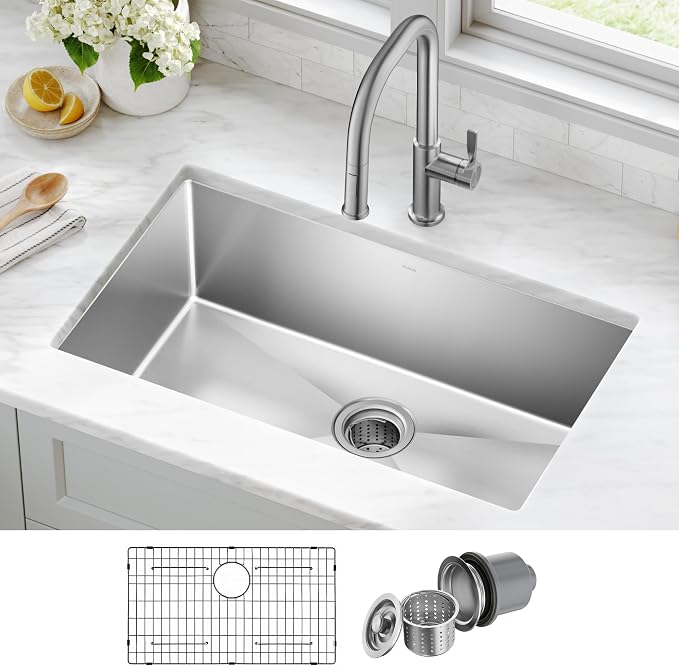KRAUS Stainless Steel 30 in 16 Gauge Undermount Kitchen Sink KHU100-30 16-gauge TRU16 steel construction, rounded corners for easy cleaning, channel grooves for draining, NoiseDefend pads