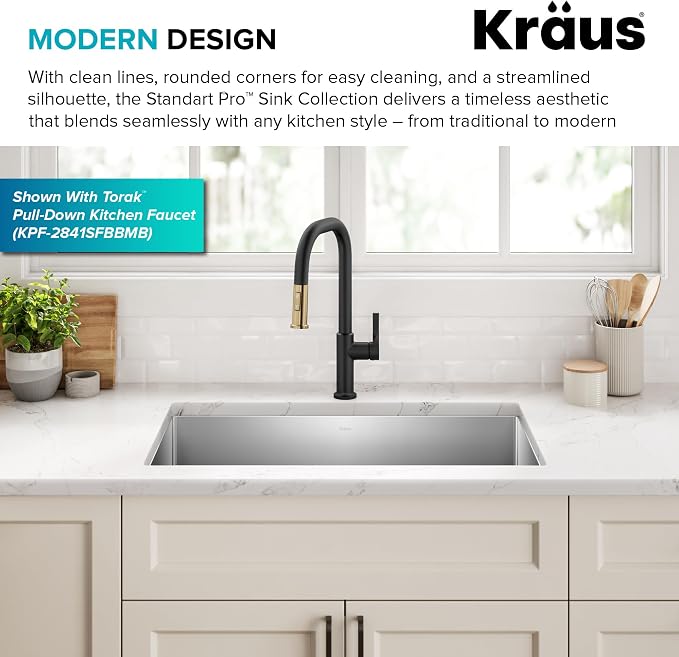 KRAUS Stainless Steel 30 in 16 Gauge Undermount Kitchen Sink KHU100-30 16-gauge TRU16 steel construction, rounded corners for easy cleaning, channel grooves for draining, NoiseDefend pads