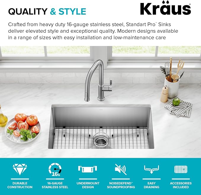 KRAUS Stainless Steel 30 in 16 Gauge Undermount Kitchen Sink KHU100-30 16-gauge TRU16 steel construction, rounded corners for easy cleaning, channel grooves for draining, NoiseDefend pads