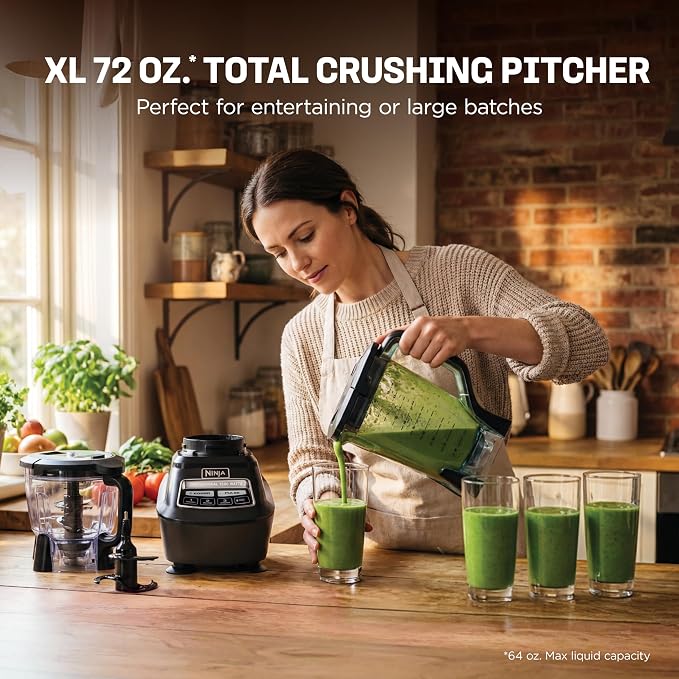 Ninja Kitchen System Pro, 1500W, 72oz Pitcher, 8-Cup, Black, BL770 1500W all-in-one blends smoothies, processes salsa & dough. 72-oz pitcher, 8-cup processor bowl, (2) 16-oz cups.