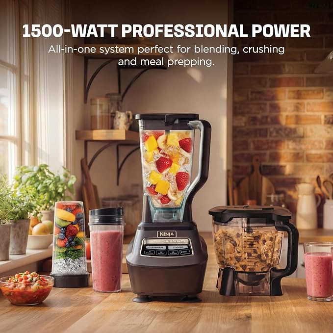 Ninja Kitchen System Pro, 1500W, 72oz Pitcher, 8-Cup, Black, BL770 1500W all-in-one blends smoothies, processes salsa & dough. 72-oz pitcher, 8-cup processor bowl, (2) 16-oz cups.